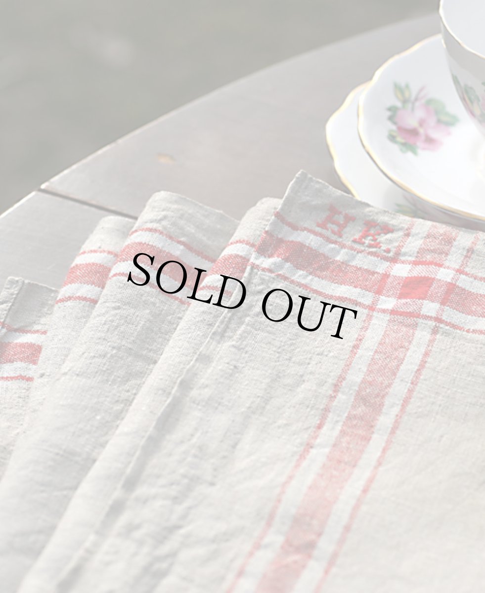 画像2:  ロング280X86cm ジャーマンピュアリネンマングロクロス レッドストライプ イニシャルHK (2)