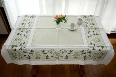 画像1: 〈カナダ〉アンティークリネンのテーブルクロス花とバタフライのプリント